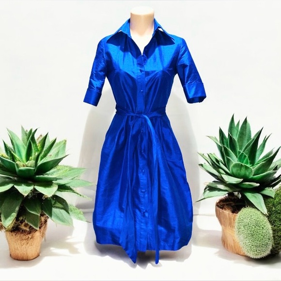 Tahari ASL Bright Cobalt Blue Tie Front Shirt Dress 100% Silk Career Work Sz 2 - Picture 8 of 8